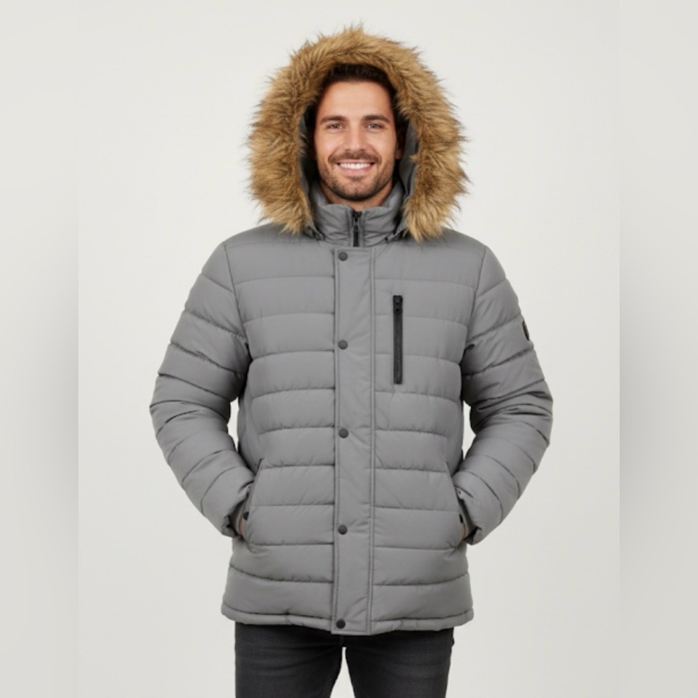 SWISS TECH Gray Hooded Men's Jacket with Faux Fur Trim size 12-14 Large